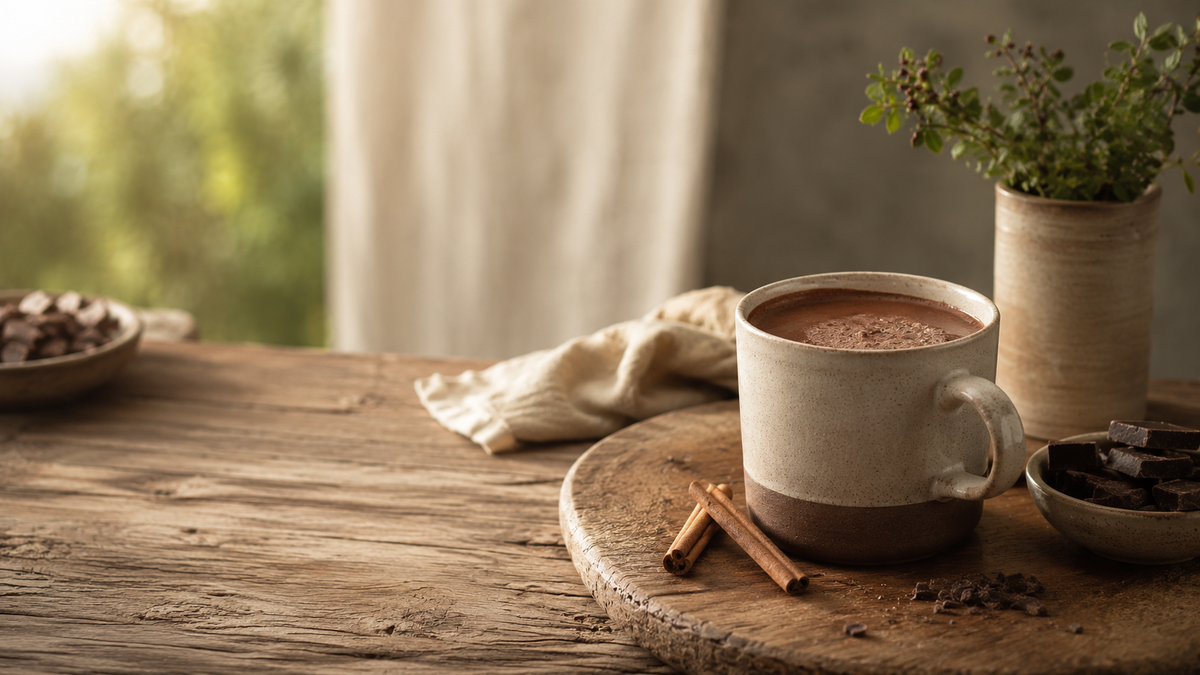 Mexican hot chocolate with cinnamon and dark chocolate in a warm rustic setting.