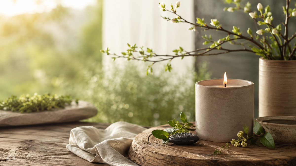 Spring renewal with budding branches, warm natural light and earthy textures.