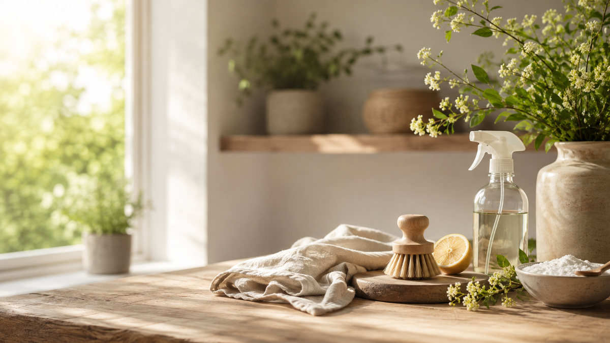 Spring cleaning scene with natural cleaning tools, linen, lemon and fresh greenery.