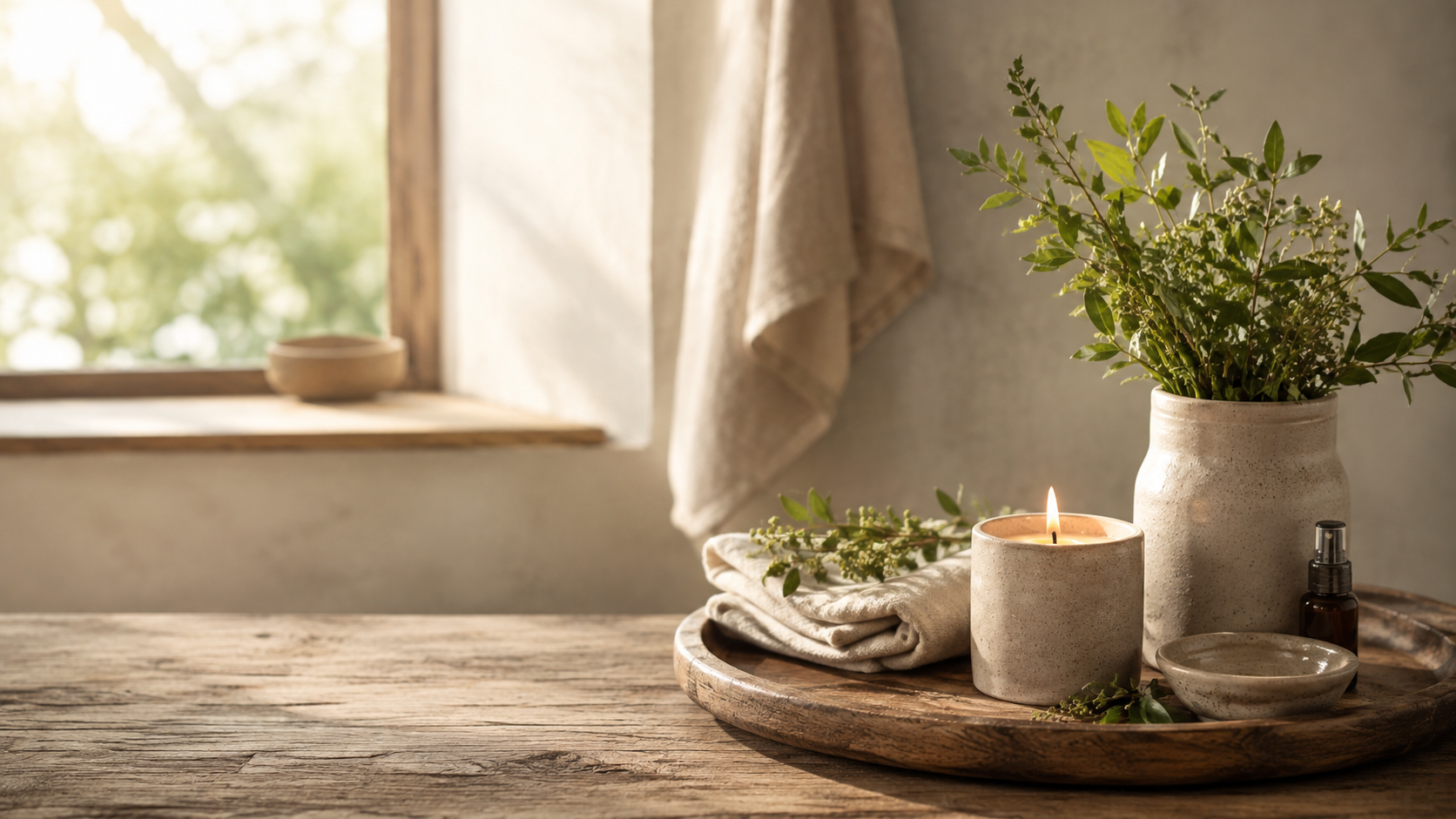 Spring home renewal ritual with natural light, linen, greenery and a candle.