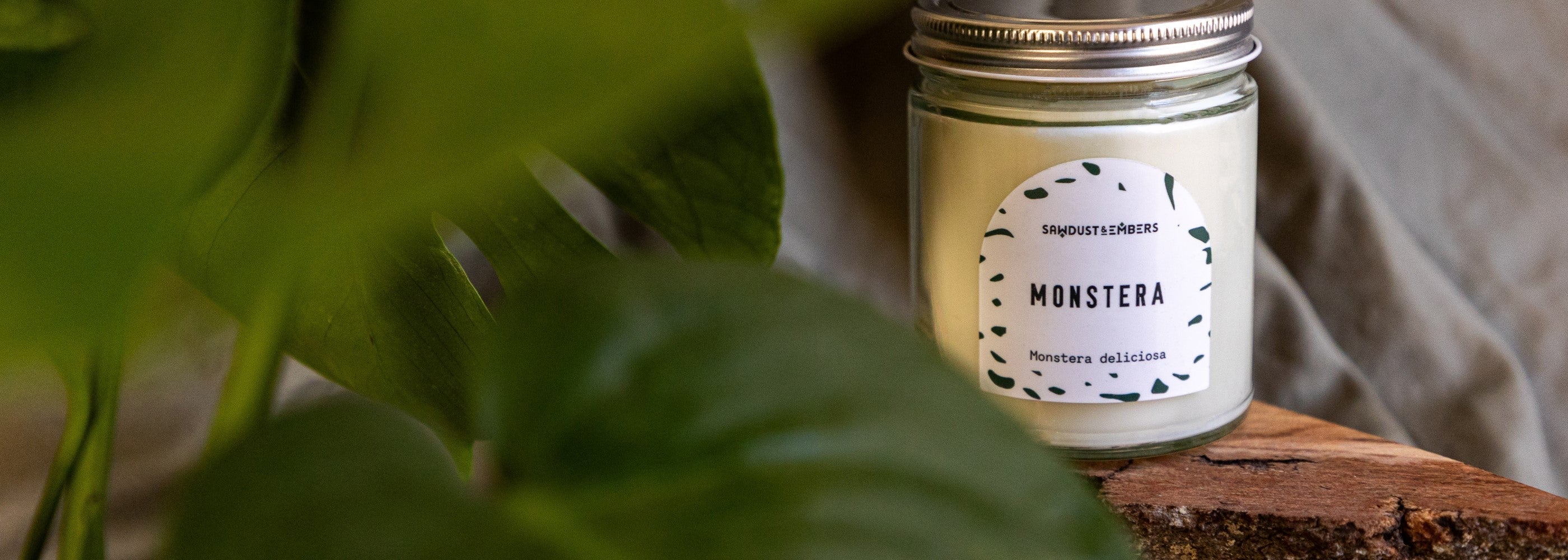 A small candle in a clear glass jar with a white label marked 'Monstera' placed among lush green leaves, emphasizing its natural and serene setting.