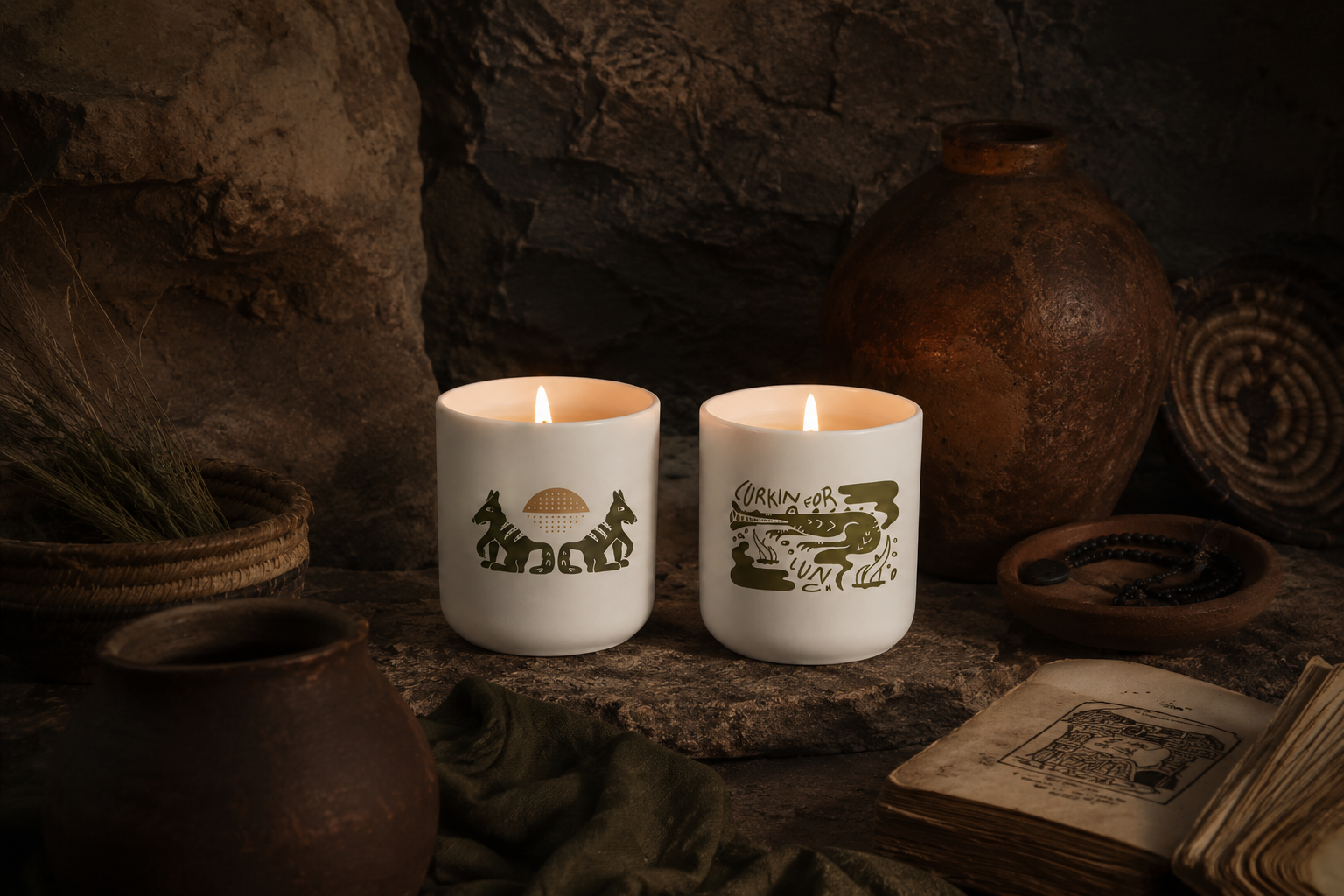 Folklore ceramic candles among shadowed artifacts