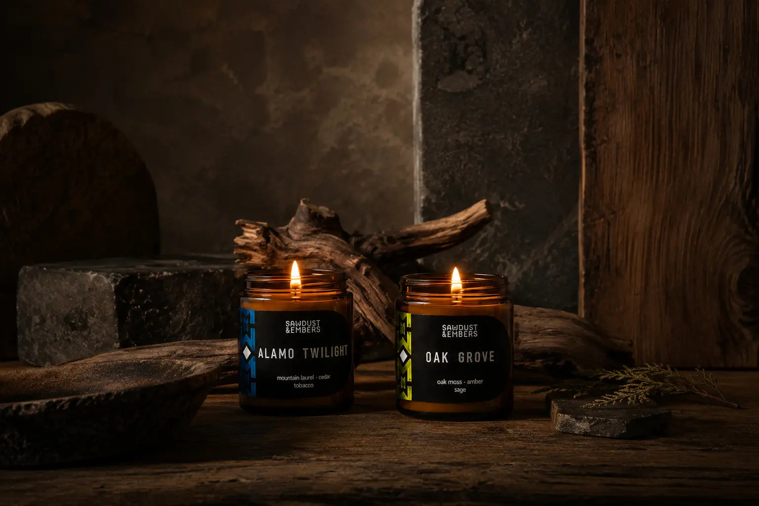 Foundations amber glass candles among wood and stone