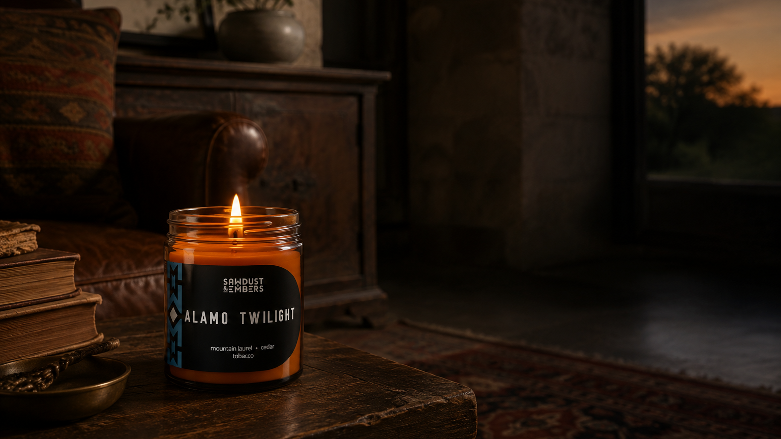 Editorial Sawdust & Embers Alamo Twilight candle in a warm Texas interior