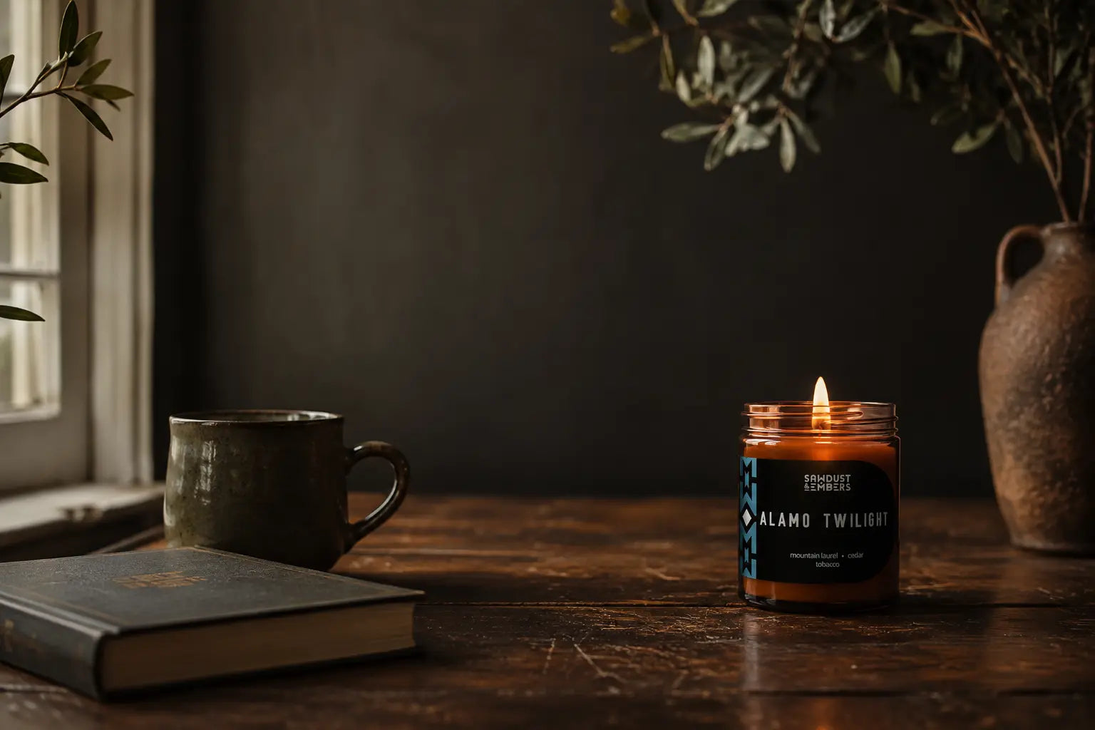 Lit Alamo Twilight candle beside a book and ceramic cup during a quiet evening ritual