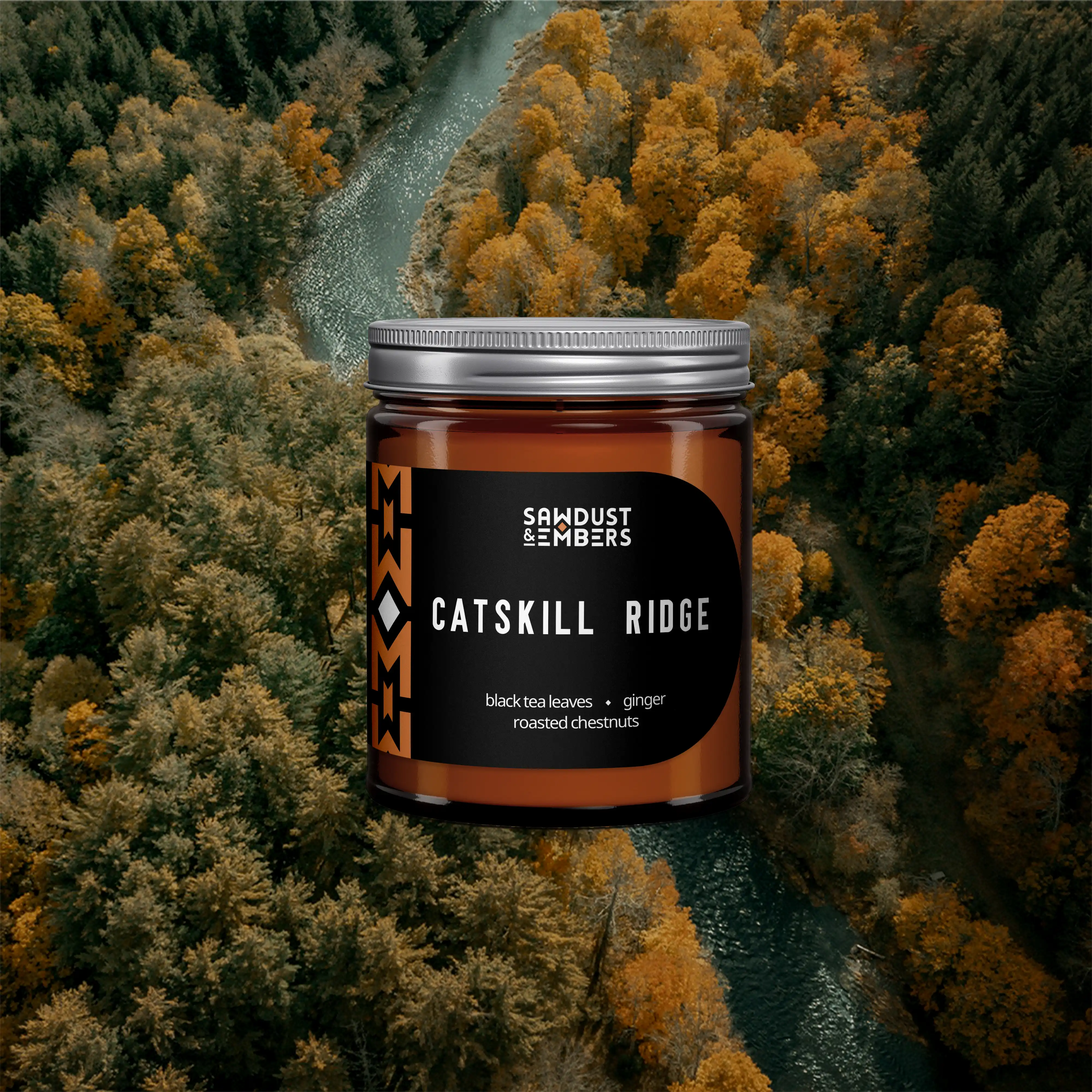 Catskill Ridge amber glass candle with black tea, roasted chestnut, cedar, and warm spice notes.