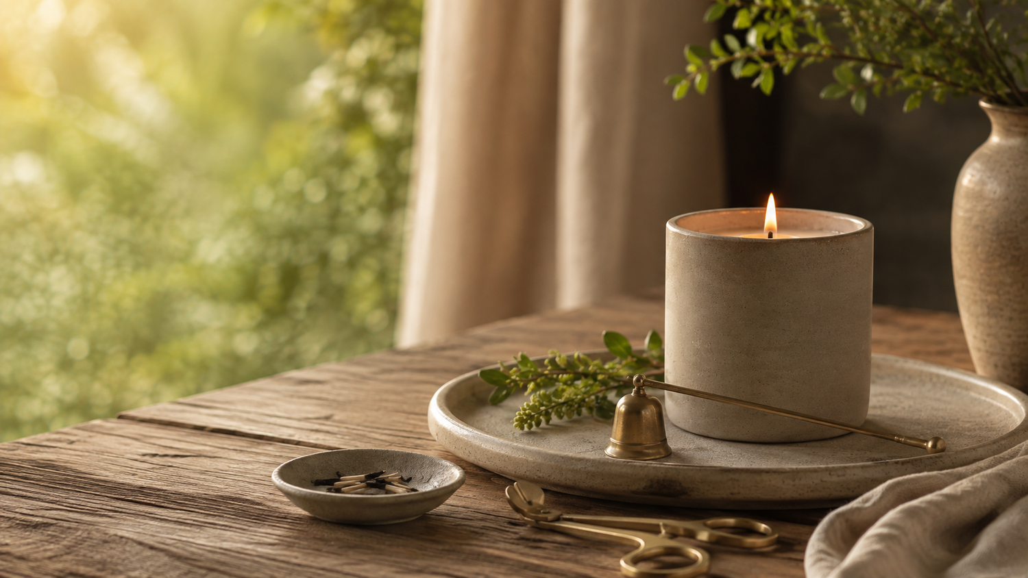 Mindful candle safety setup with a lit candle, snuffer and wick-trimming tools.