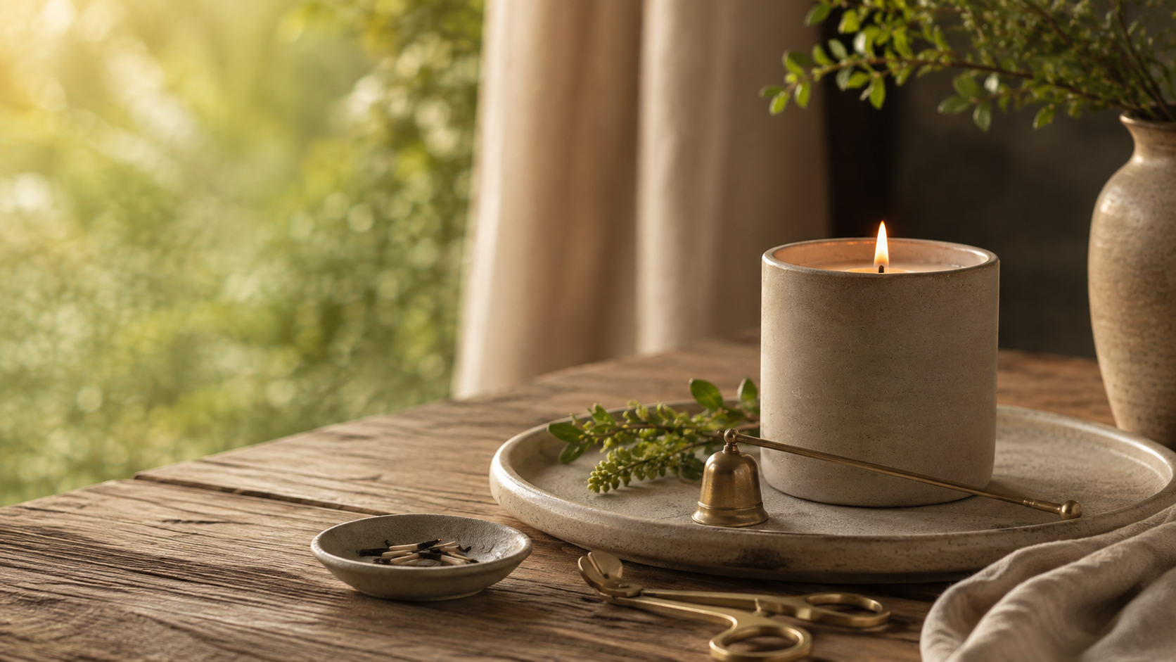 Mindful candle safety setup with a lit candle, snuffer and wick-trimming tools.