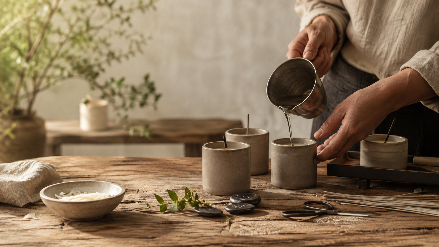 Artisan candle making with wax being hand-poured into vessels on a rustic workbench.