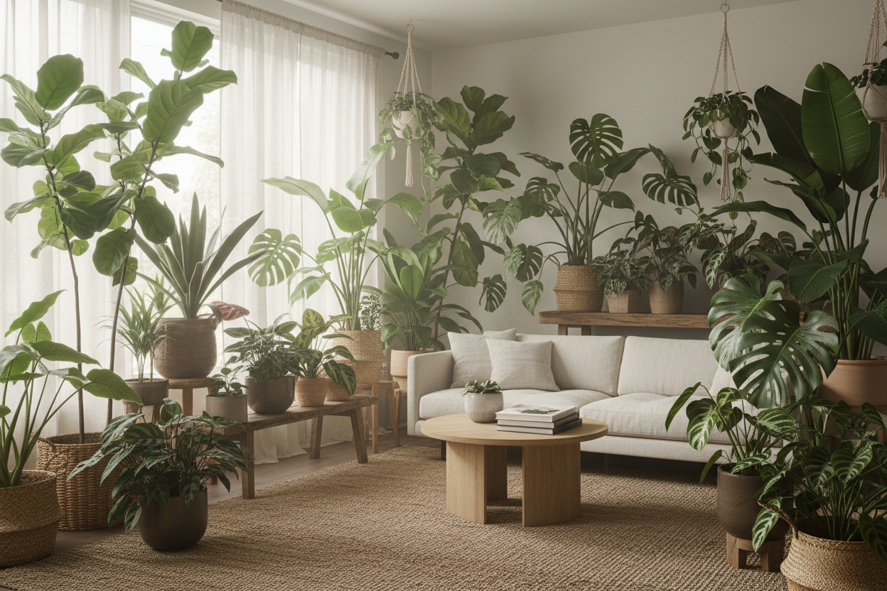 A small candle in a clear glass jar with a white label marked 'Monstera' placed among lush green leaves, emphasizing its natural and serene setting.