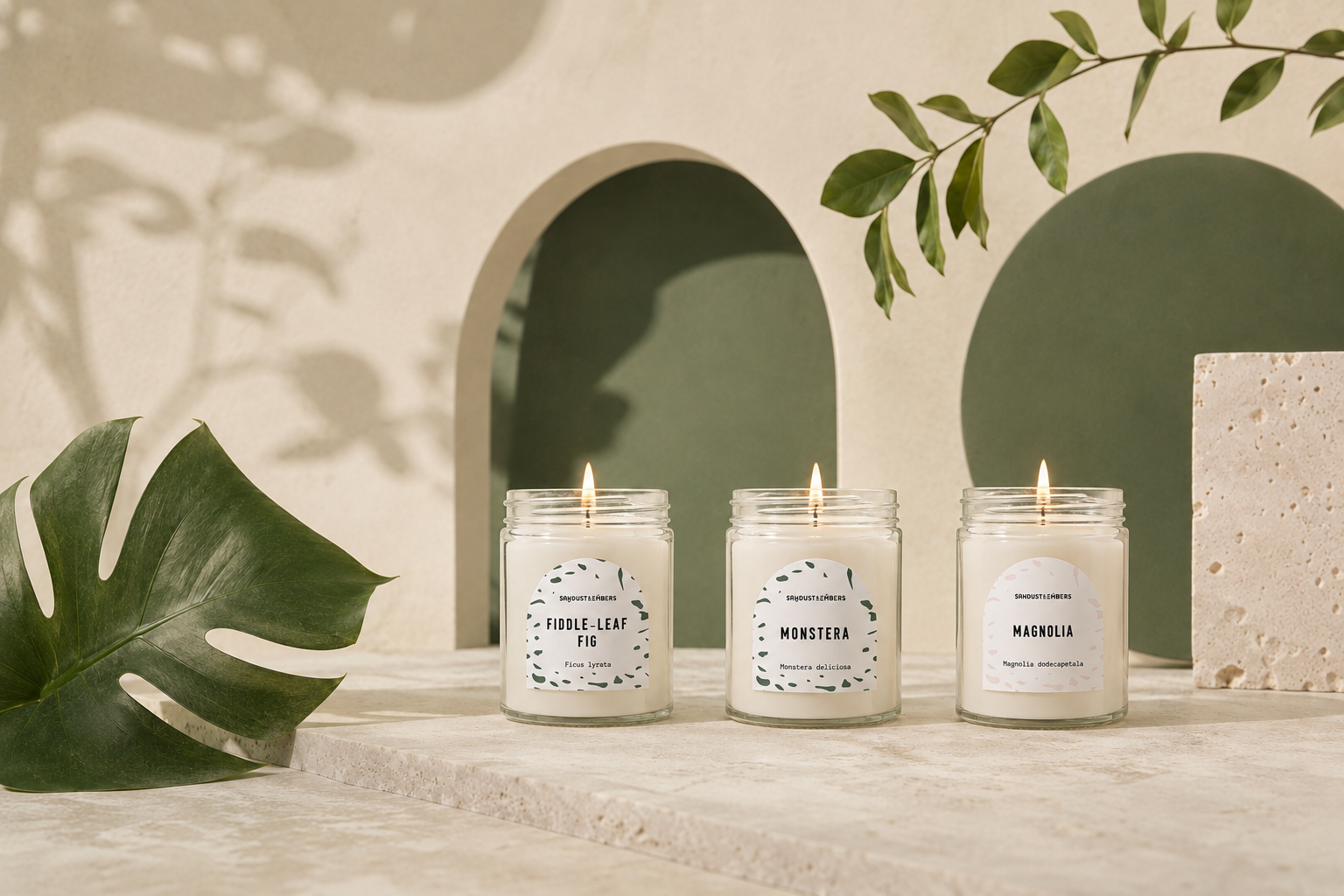 Monstera, Fiddle-Leaf Fig, and Magnolia clear-glass candles from the Sawdust & Embers Botanica Collection.