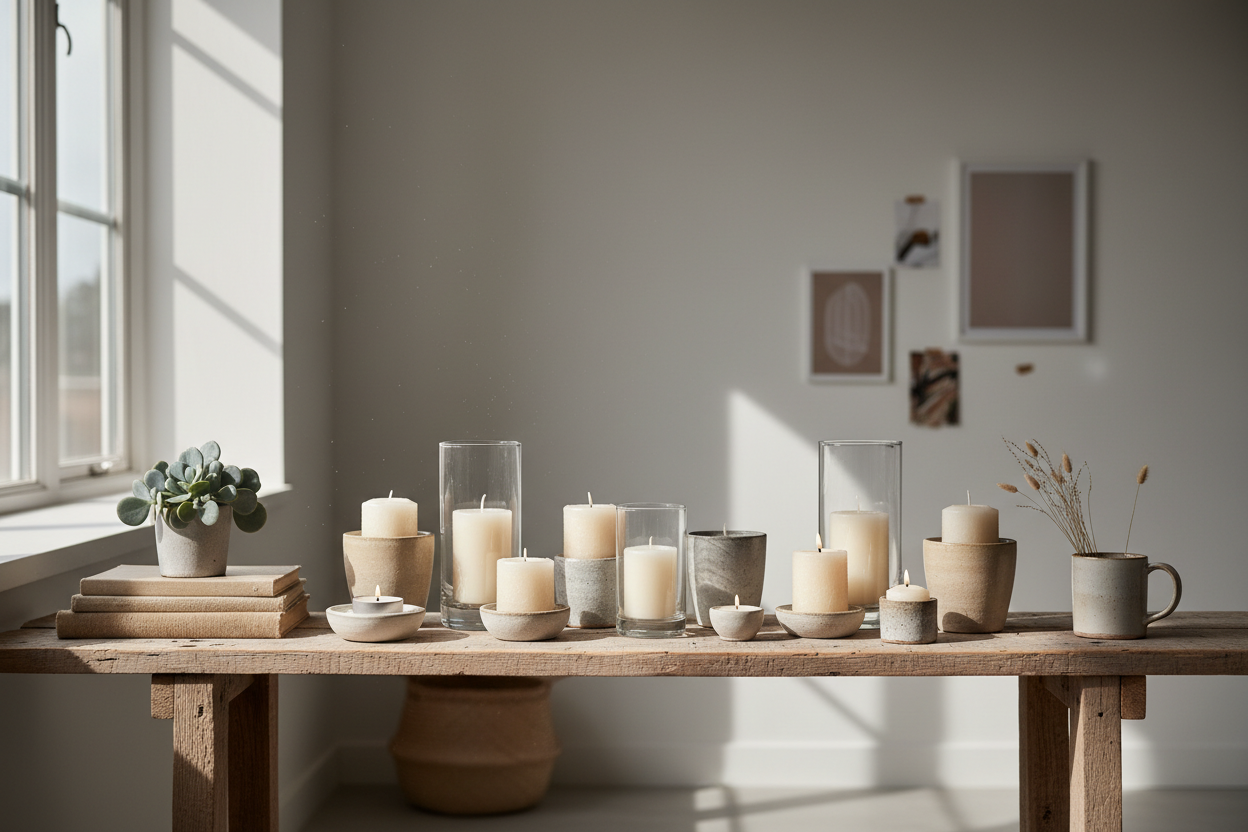Multiple jars of Sawdust & Embers scented candles arranged on a moss-covered surface, showcasing labels with various fragrance names.