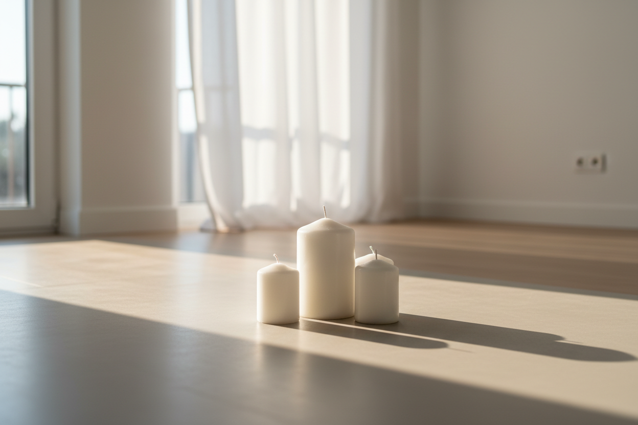 A display of white candles with wood wicks arranged neatly in a rustic wooden crate, showcasing their natural, handcrafted quality.