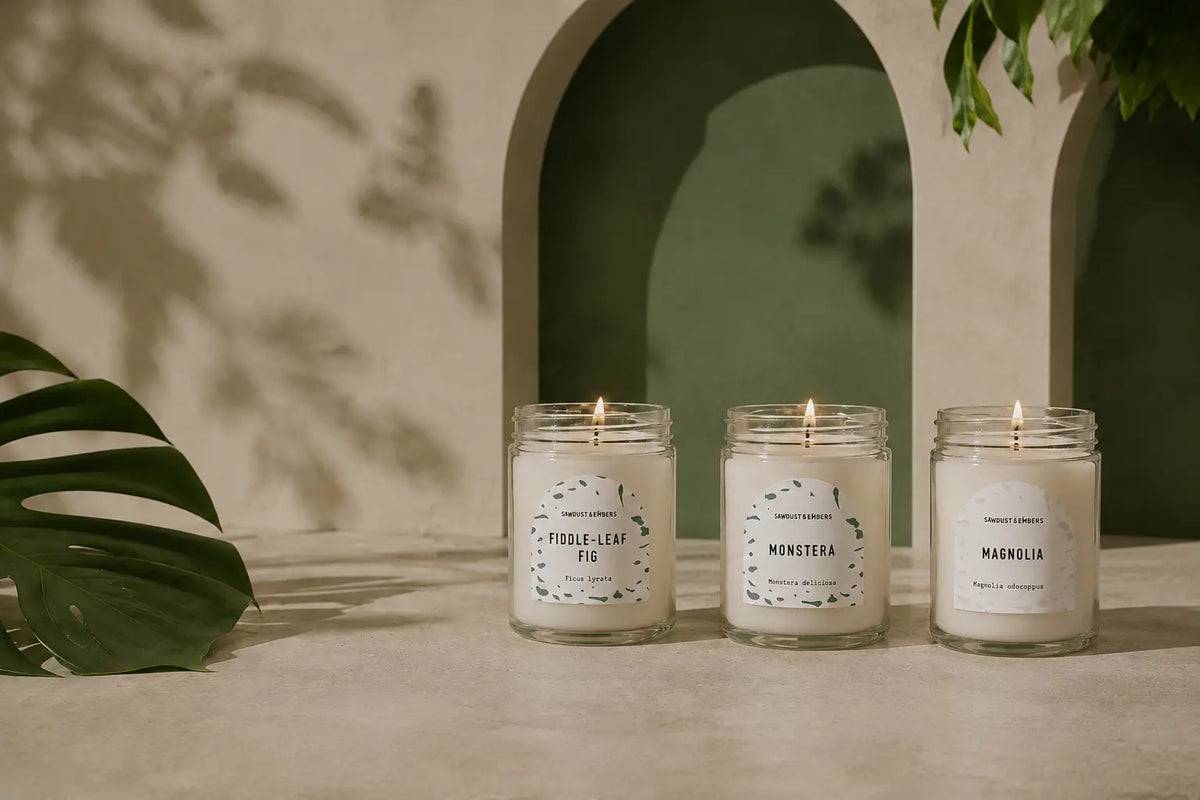 Lit Fiddle-Leaf Fig and Monstera candles surrounded by greenery and pale stone