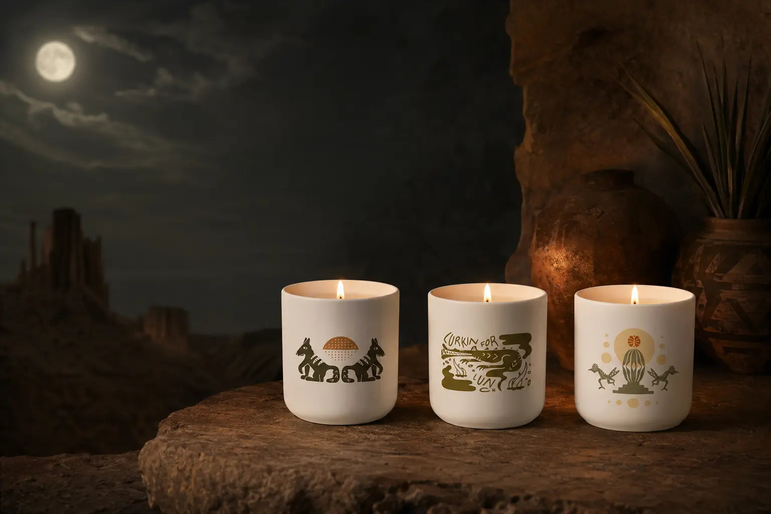 Three lit Folklore ceramic candles displayed among earthen vessels, woven objects, and an old book
