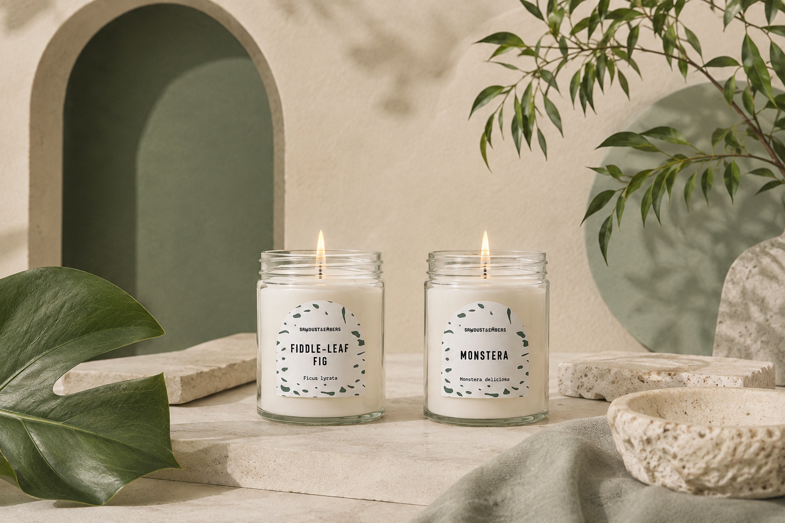 Botanica clear glass candles with architectural greenery