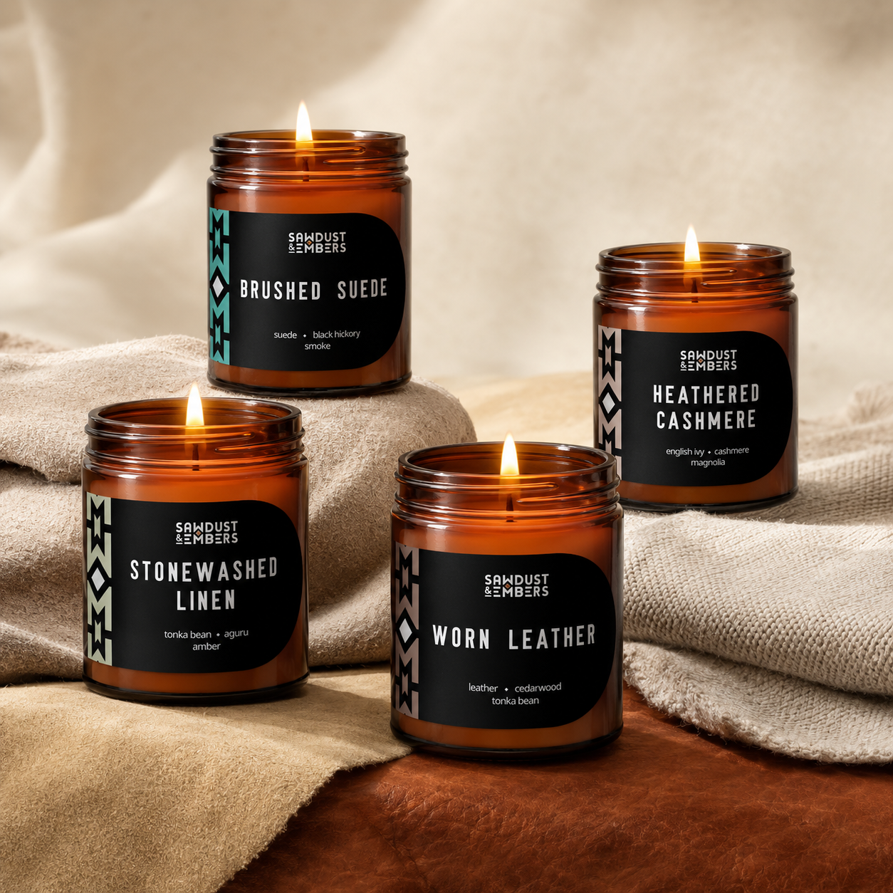 Four Sawdust & Embers Textile Series candles